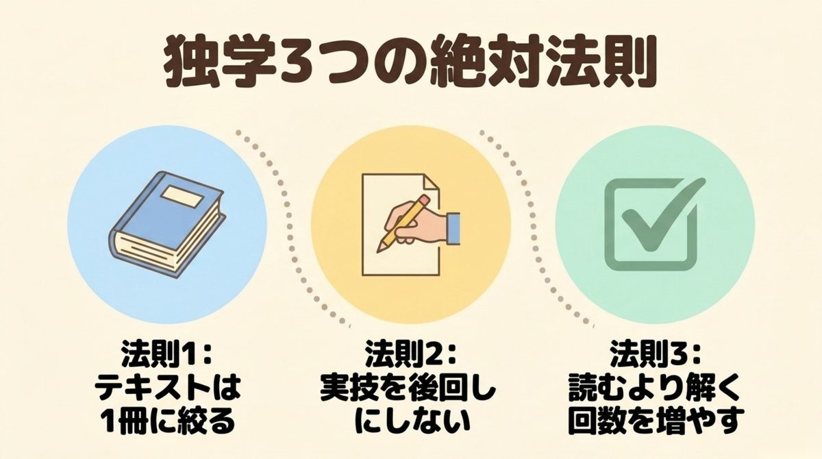 消防設備士乙6の独学3原則としてテキストを1冊に絞る・実技を後回しにしない・問題演習を増やすことを示す図解