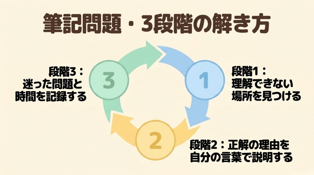 消防設備士乙6の筆記問題を理解不足の発見・正解理由の説明・迷った問題と時間の記録の3段階で解く図解
