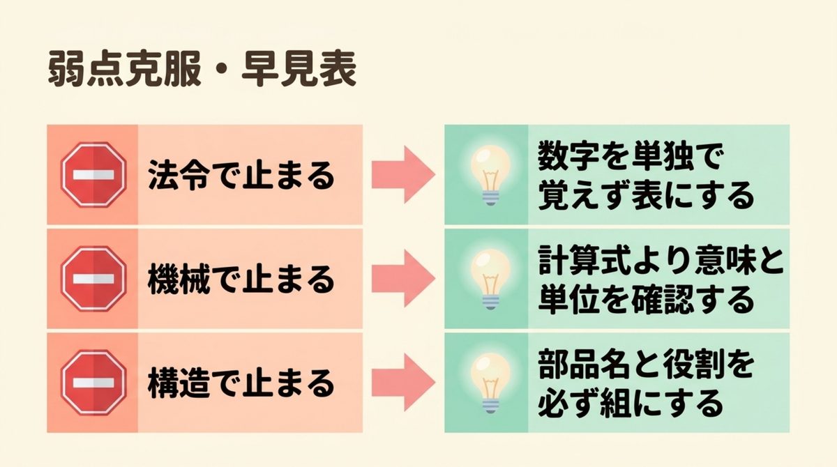 消防設備士乙6で法令・機械・構造につまずいたときの弱点克服方法を整理した早見表