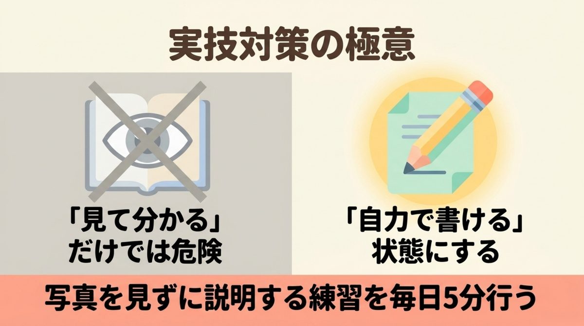 消防設備士乙6の実技対策で見て分かる状態から自力で書ける状態へ進むことを示す図解