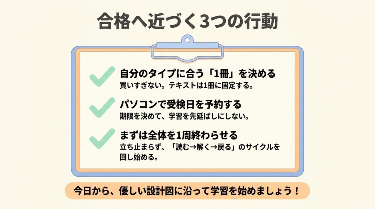 FP2級合格に近づく 1冊を決める・受検日を予約する・1周する3行動