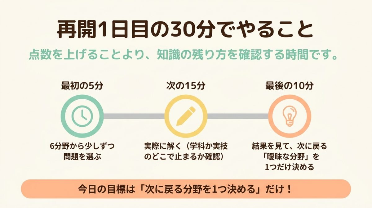 FP2級の再開初日30分で知識の残り方と次に戻る分野を確認する手順