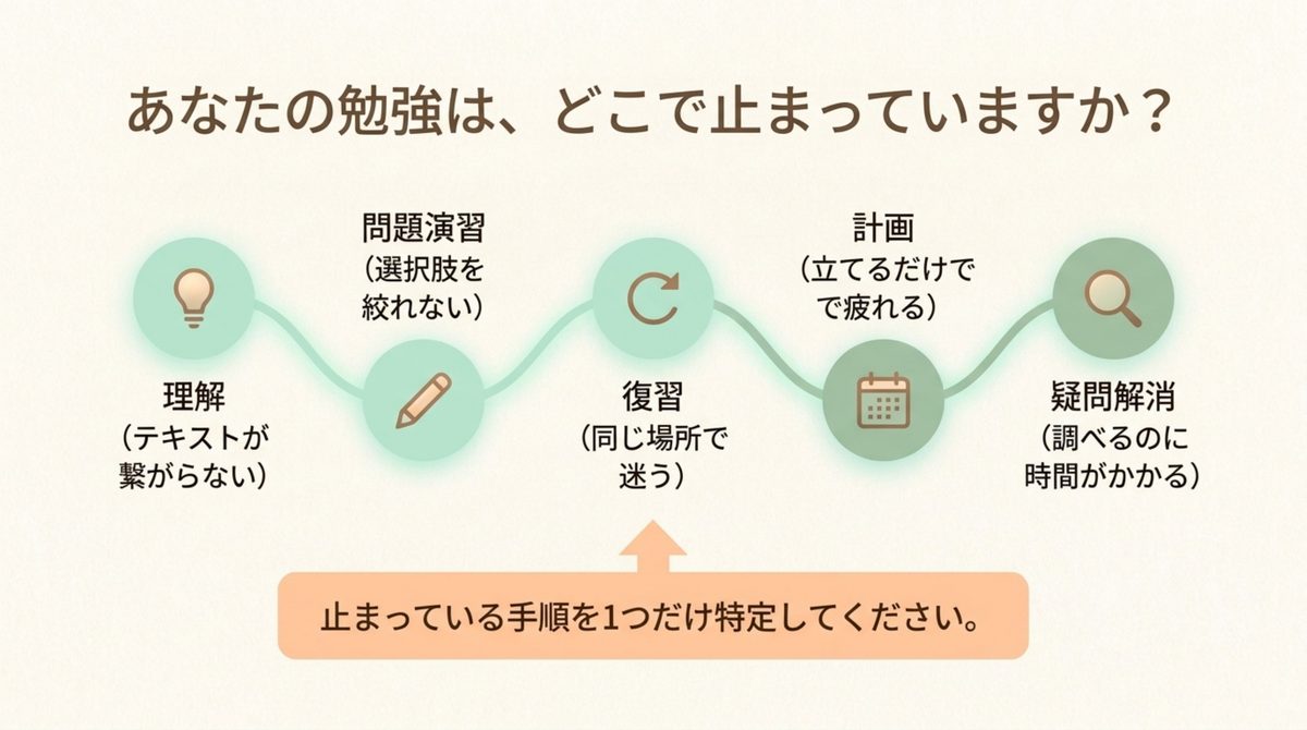 FP2級の学習が理解・問題演習・復習・計画・疑問解消のどこで止まるかを分ける図