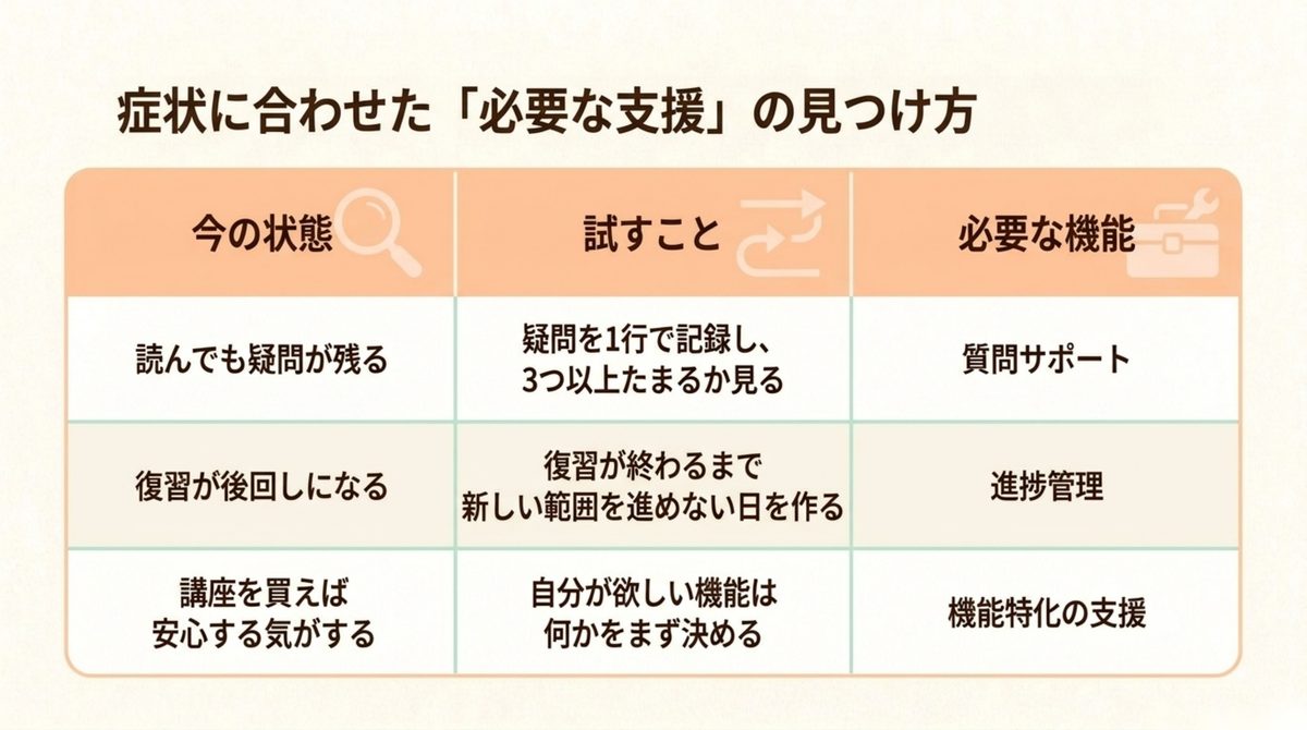 FP2級の疑問・復習・不安の症状別に質問サポート・進捗管理・機能特化の支援を選ぶ表