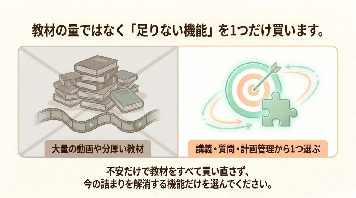 FP2級で教材を増やすのではなく講義・質問・計画管理から不足する機能を1つ選ぶ図