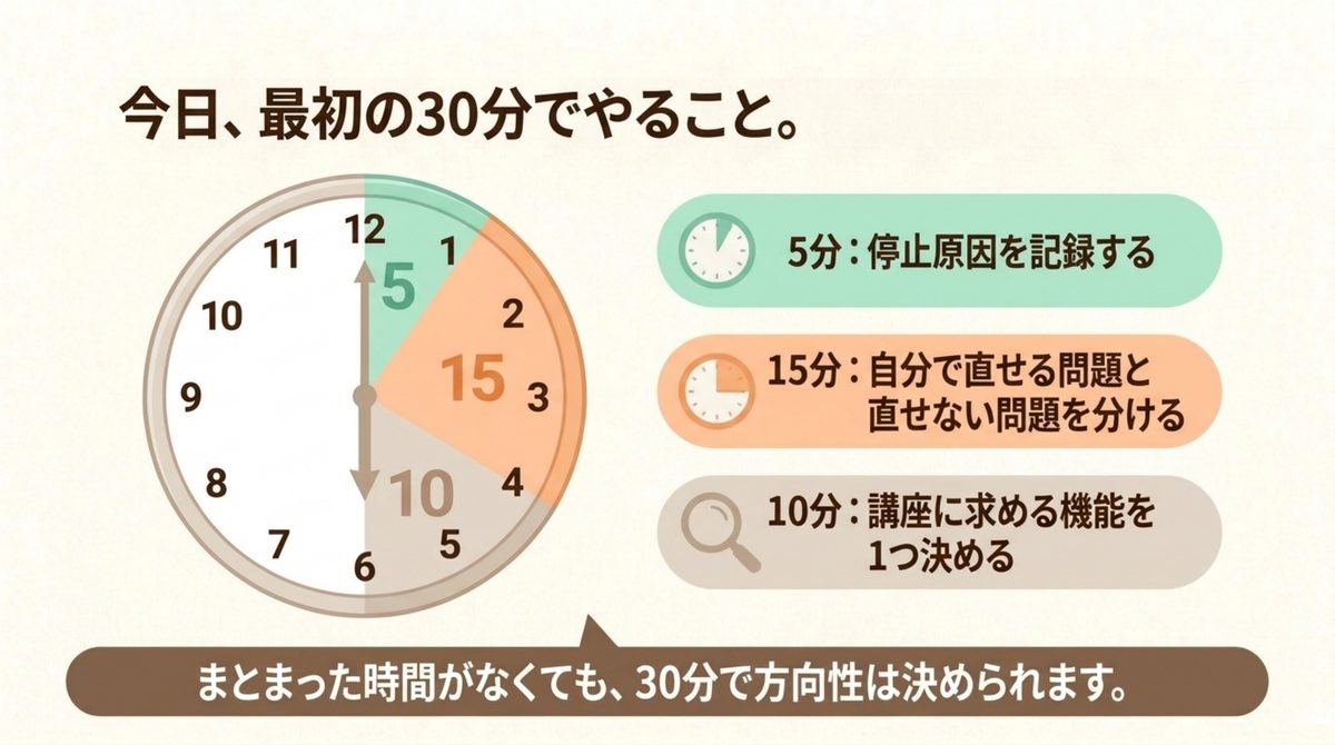 FP2級の独学継続か講座かを30分で判断する停止原因5分・問題分類15分・必要機能10分の手順