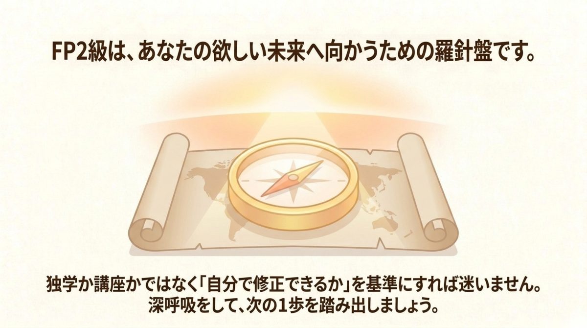 FP2級を独学か講座かではなく自分で修正できるかで判断し将来へ進む羅針盤の図