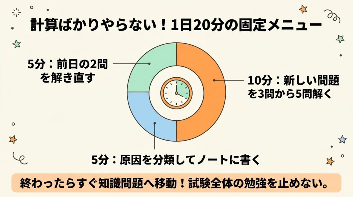 FP3級の計算問題を1日20分で復習する固定メニューの図解