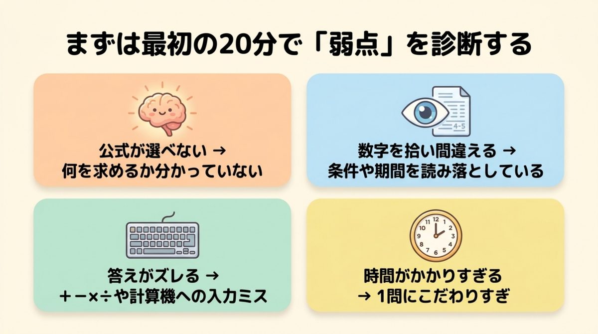 FP3級の計算問題で公式・読解・入力・時間の4つの弱点を診断する図解