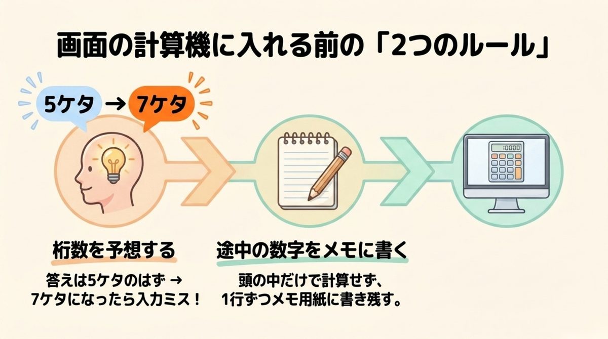 FP3級CBTで画面の計算機へ入力する前に桁を予想して途中の数字をメモする図解