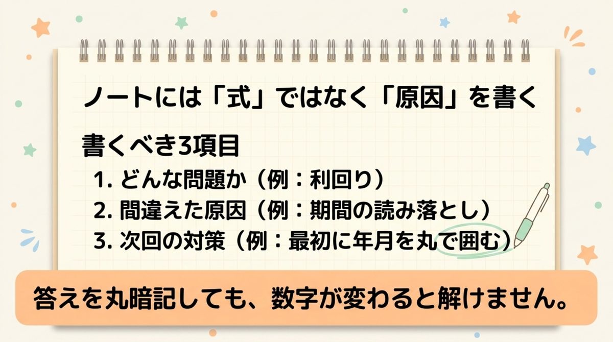 FP3級計算問題のミスノートに問題・原因・次回の対策を書く図解