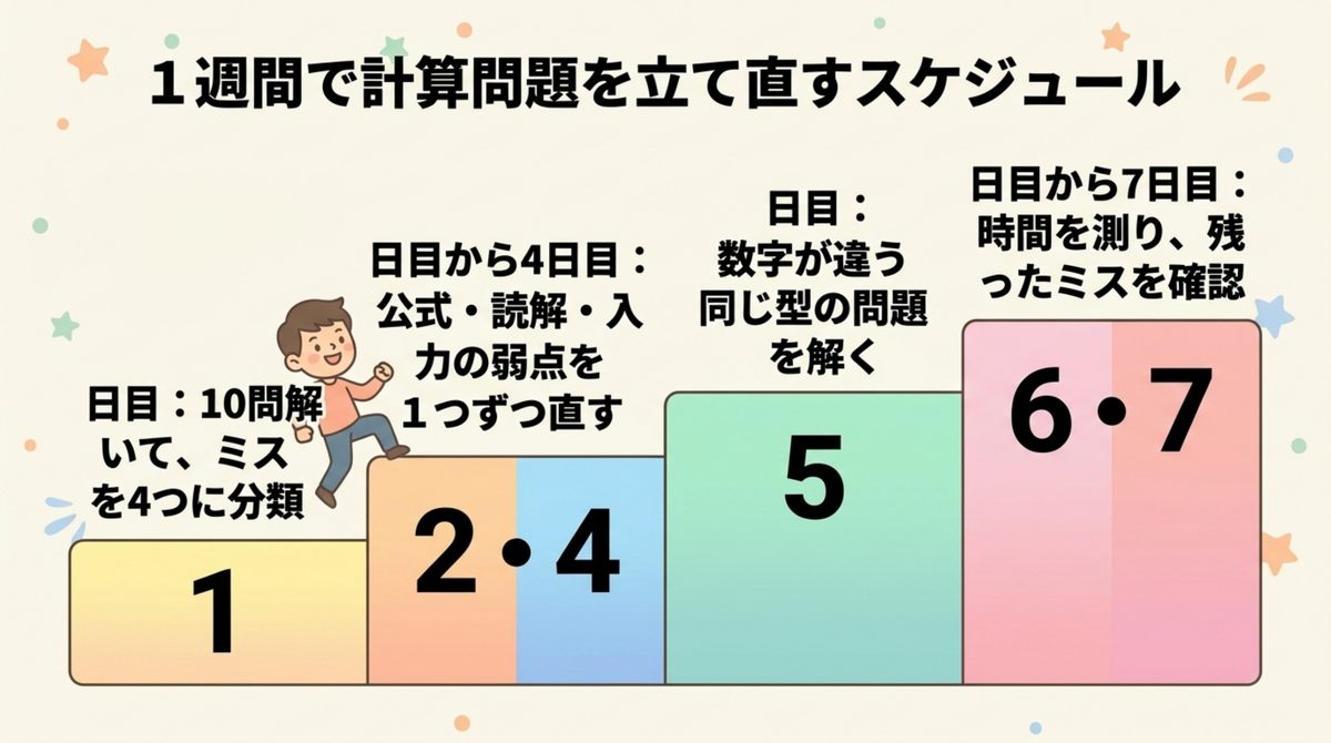 FP3級の計算問題を1週間で立て直す日別スケジュールの図解