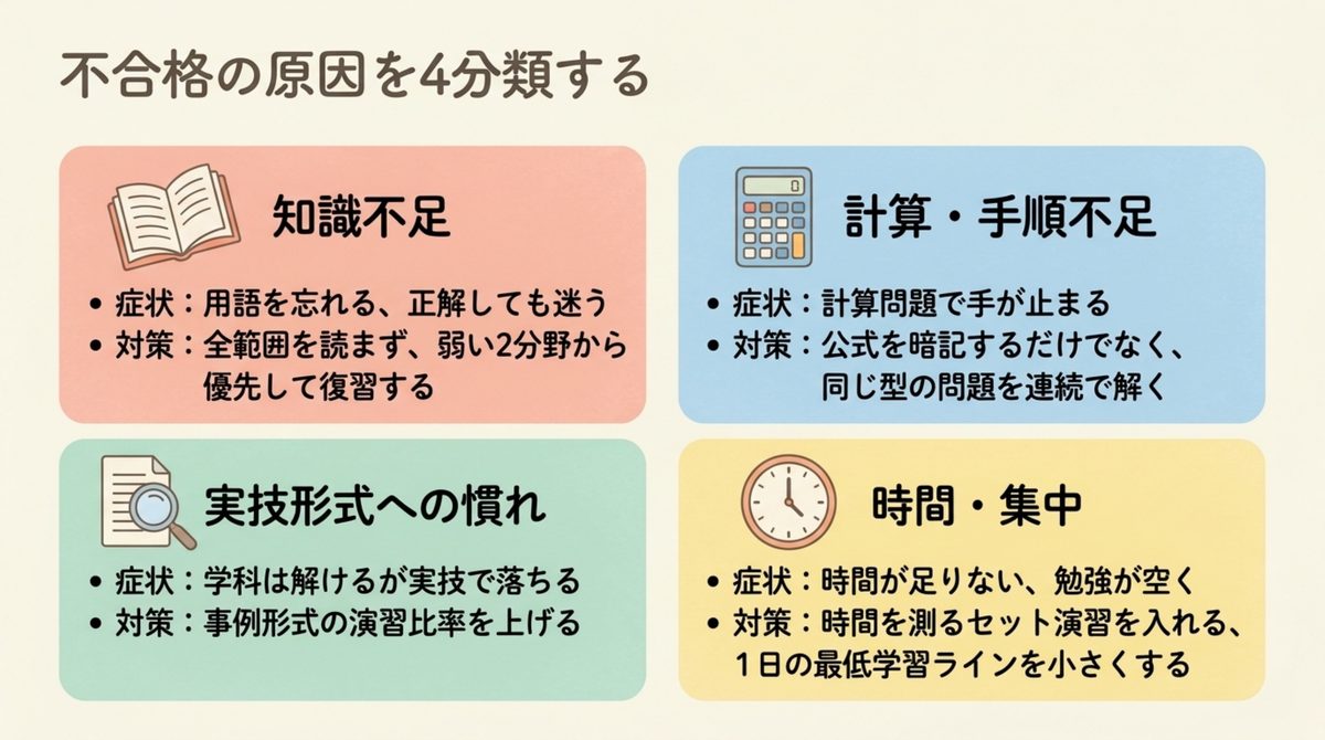FP3級不合格の原因を4分類する図