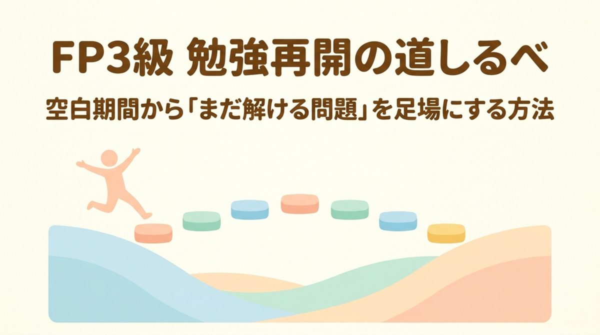 FP3級の勉強再開で空白期間からまだ解ける問題を足場にする方法を示す表紙
