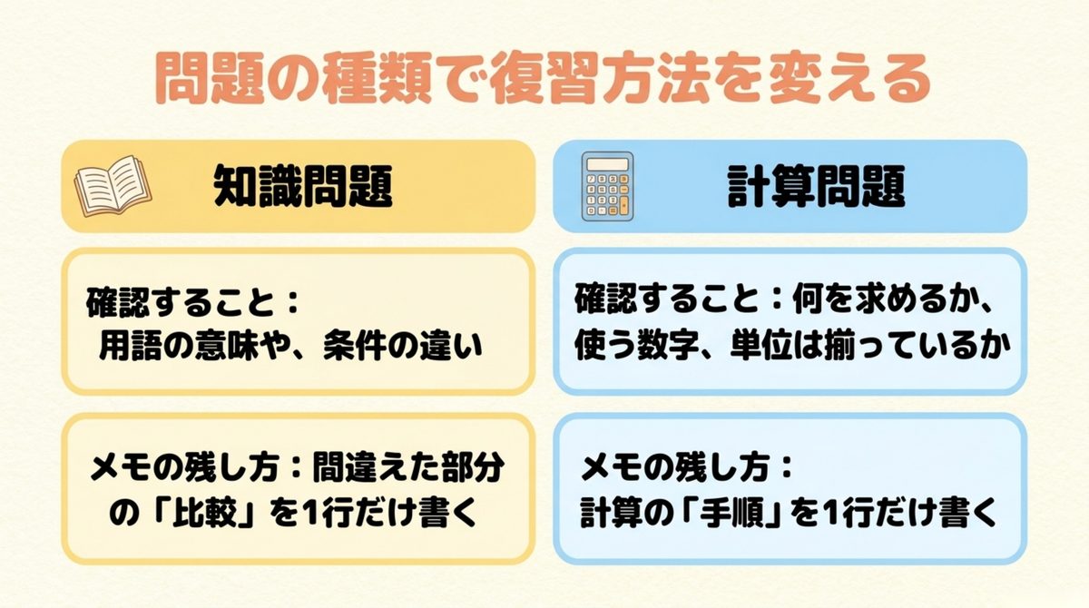 FP3級の知識問題と計算問題で復習方法とメモの残し方を変える図