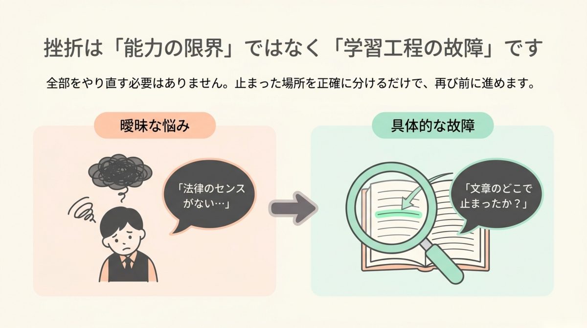 行政書士の挫折を能力の限界ではなく学習工程の故障として捉える比較図