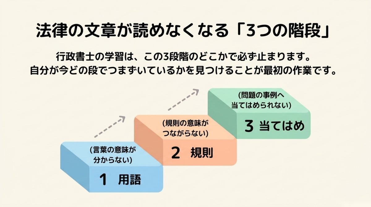 行政書士の法律文を用語・規則・当てはめの3段階に分けてつまずきを特定する図