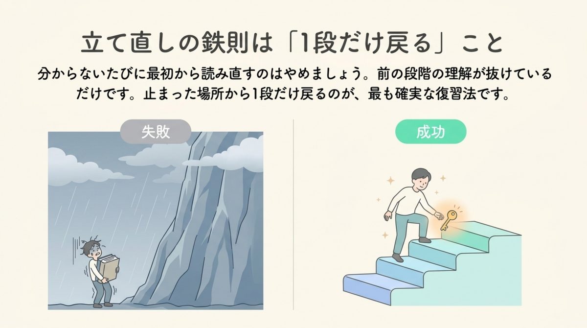 行政書士の復習で最初から読み直さず止まった場所から1段だけ戻る方法を示す図
