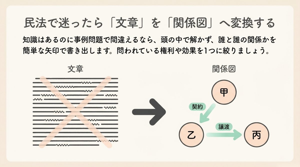 行政書士の民法で文章を人物と法律関係の関係図へ変換する方法を示す図