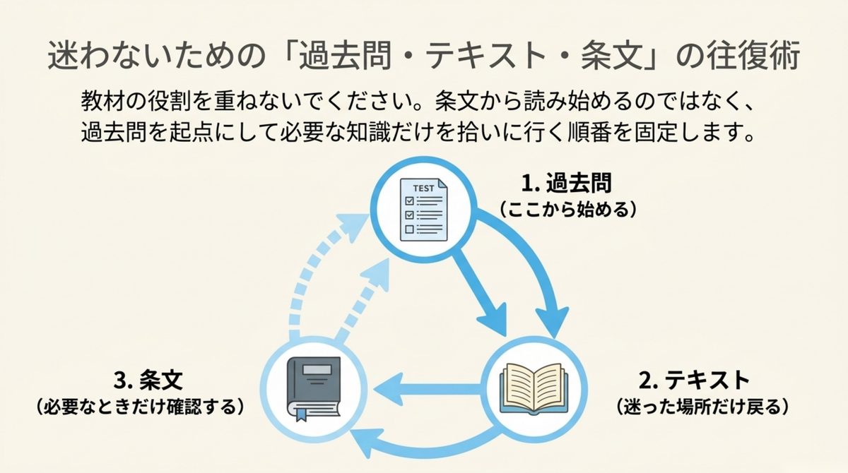 行政書士の過去問・テキスト・条文を往復して必要な知識だけ拾う学習循環