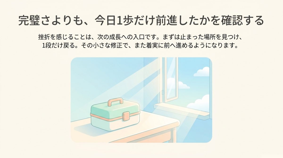 行政書士の挫折から完璧を目指さず今日1歩進むことを確認するまとめ図