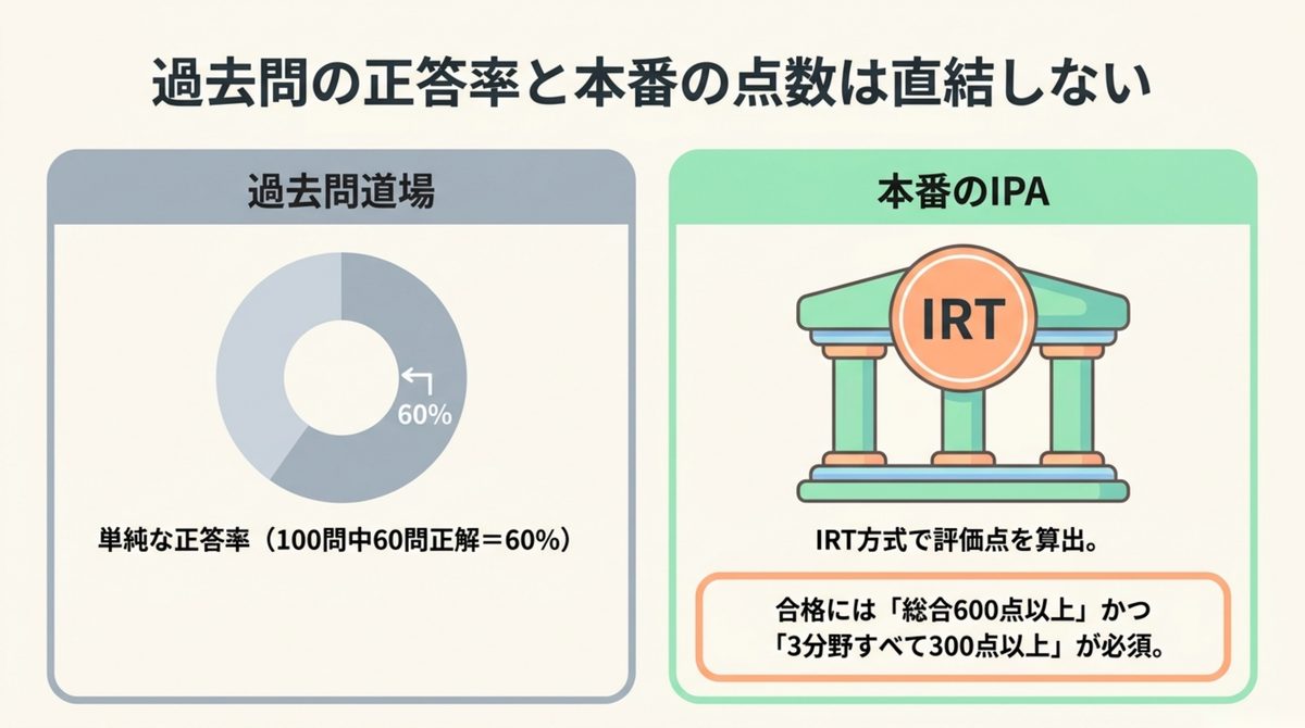 過去問道場の正答率と本番の評価点は別の数字 過去問道場の単純な正答率60%とIPA本番のIRT評価点600点以上・3分野300点以上を並べて違いを示した図解