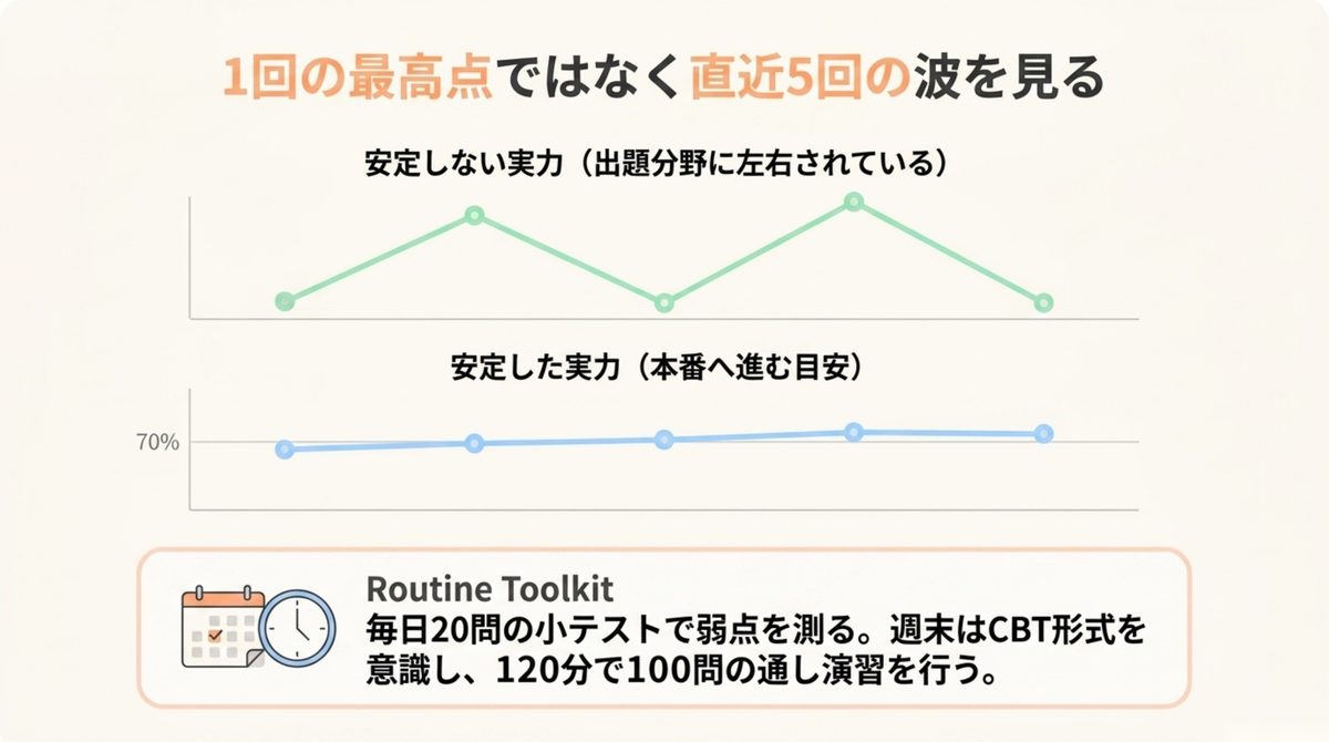 1回の最高点ではなく直近5回の並びを見る 1回の最高点ではなく直近5回の正答率の並びを見て実力が安定しているか判断する方法を示した図解