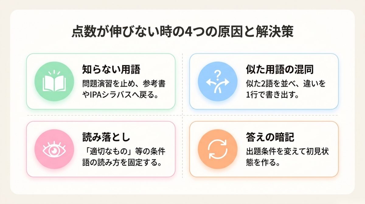 正答率が伸びないときの4つの原因 ITパスポートの正答率が伸びない原因を知らない用語・似た用語の混同・読み落とし・答えの暗記の4種類に分けた図解