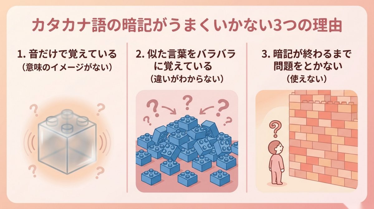 カタカナ語の暗記がうまくいかない3つの理由を整理した図解