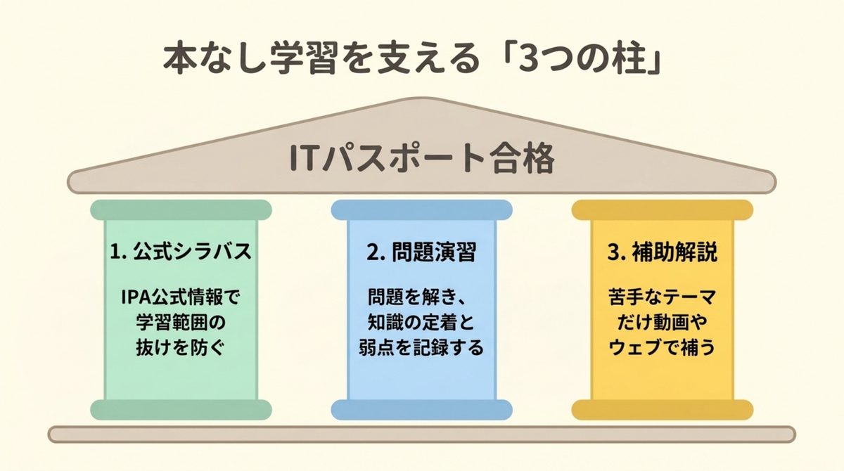 本なし学習で使う3つの柱|ITパスポートに参考書はいらない?本なしで進めていい人・必要な人 本なし学習で使う3つの柱を整理した図解