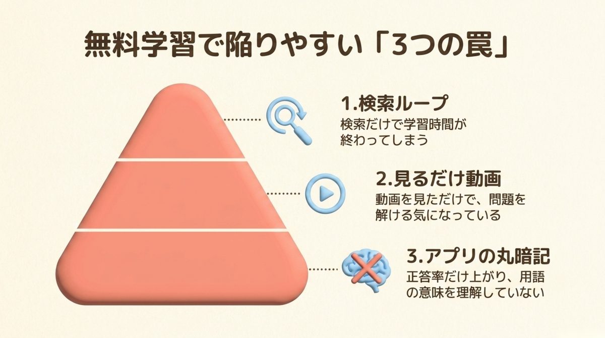 無料教材だけで進めるときの注意|ITパスポートに参考書はいらない?本なしで進めていい人・必要な人 無料教材だけで進めるときの注意を整理した図解