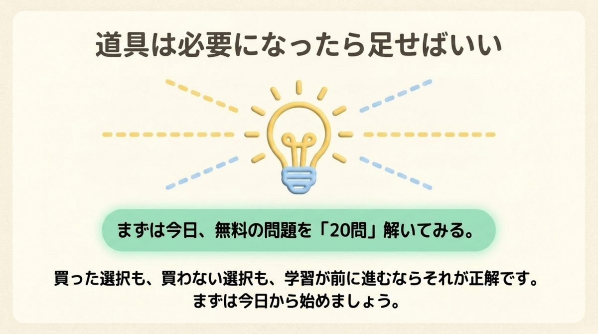 今日やること|ITパスポートに参考書はいらない?本なしで進めていい人・必要な人 今日やることを整理した図解