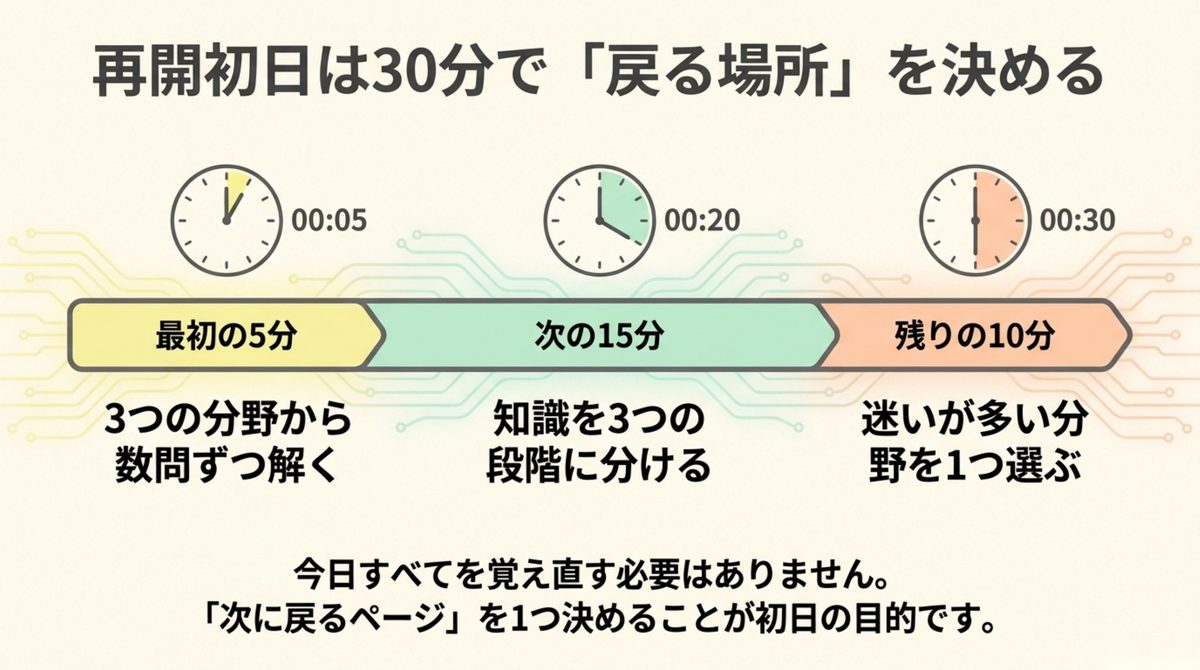ITパスポート再開初日の30分 ITパスポート再開初日の30分を5分・15分・10分に分ける手順
