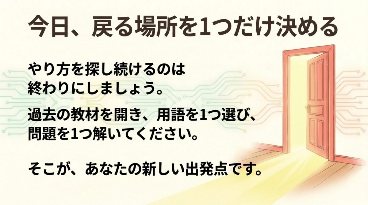 ITパスポート再開の新しい出発点 ITパスポート再開日に過去の教材から戻る場所を1つ決める図
