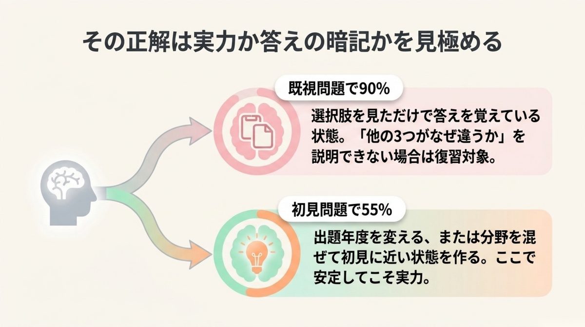 その正解は実力か、答えの暗記か 既視問題で90%・初見問題で55%という差から答えの暗記か実力かを見分ける方法を示した図解