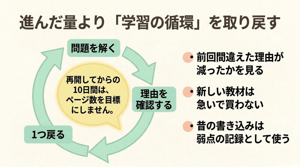 ITパスポート再開後の学習循環 ITパスポート再開後は問題を解く・理由を確認する・1つ戻る学習循環を取り戻す図
