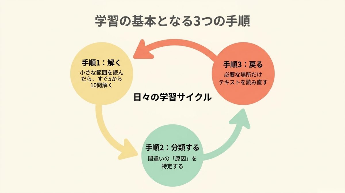 ITパスポート学習の解く・分類する・戻るの3手順を示す図解