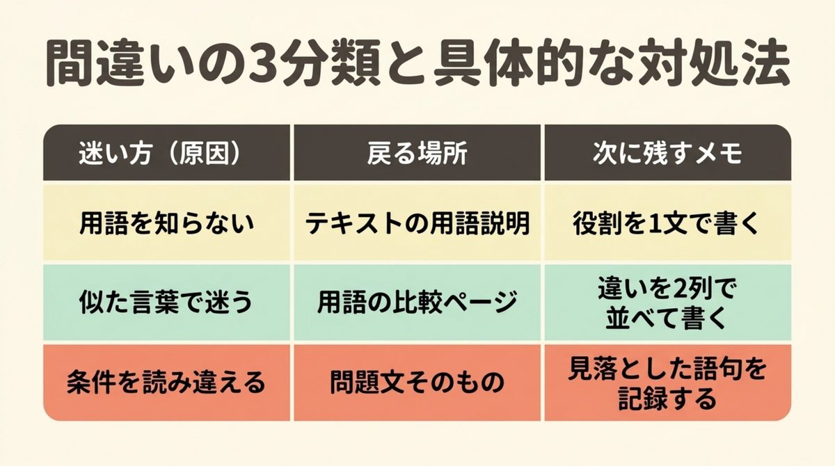 ITパスポートの間違いを用語不足・似た言葉・条件読み違いの3種類に分ける対処表