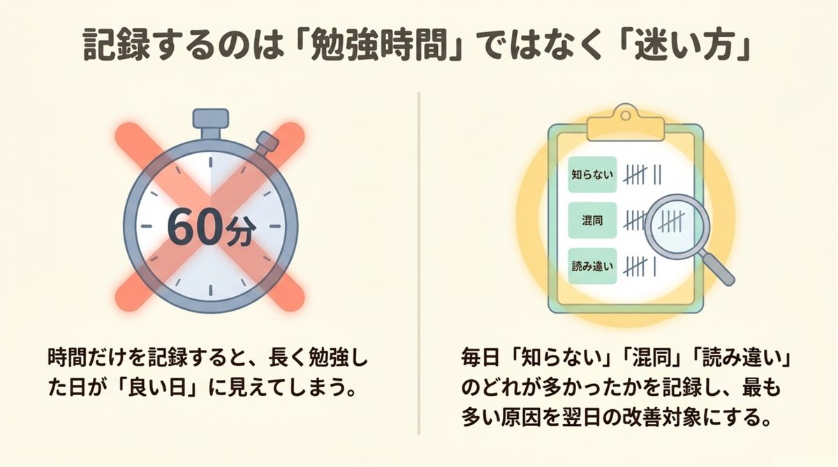 ITパスポートの学習記録は時間ではなく迷い方を残すことを示す図解