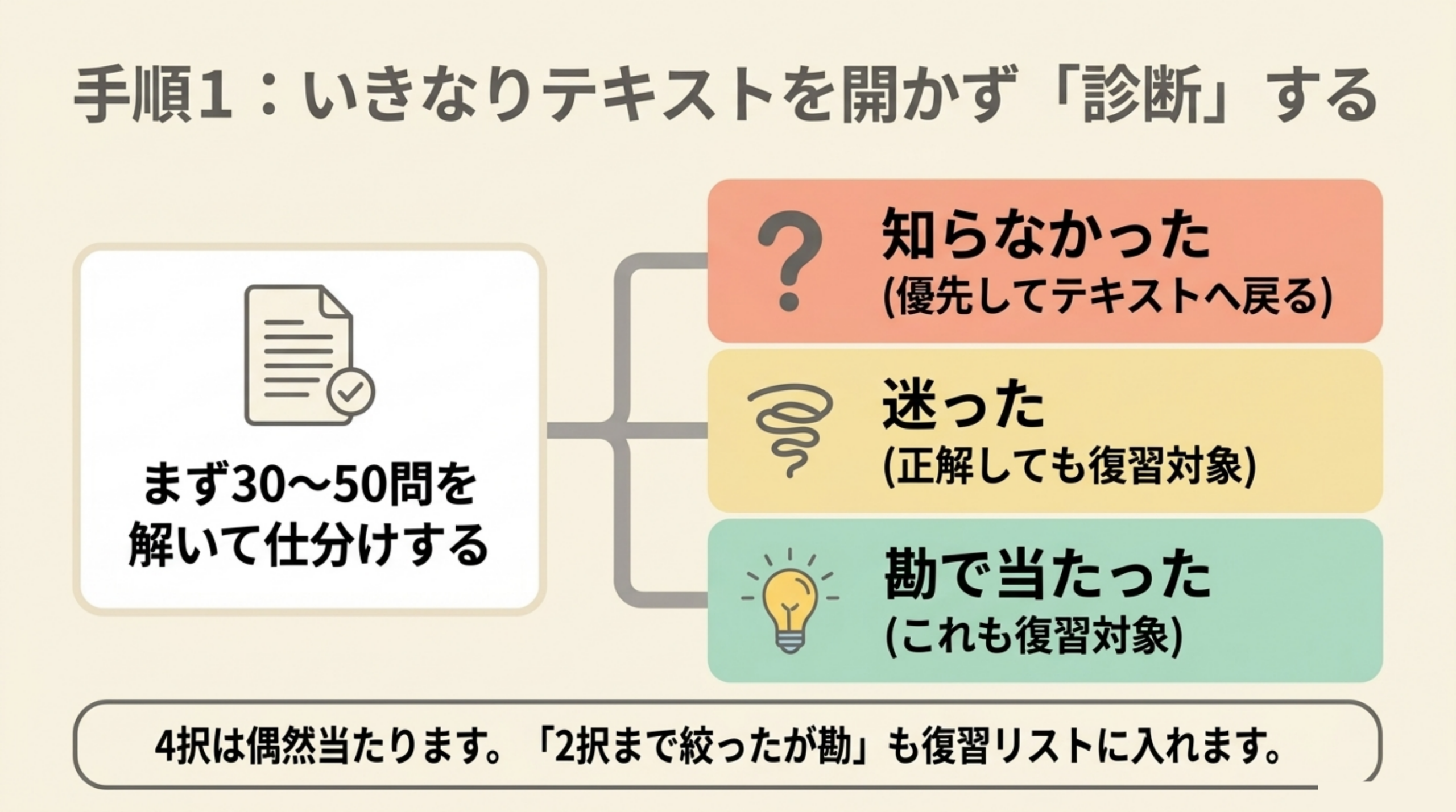 ITパスポート前日に30〜50問を解いて知らない・迷った・勘で当たった問題を仕分ける方法