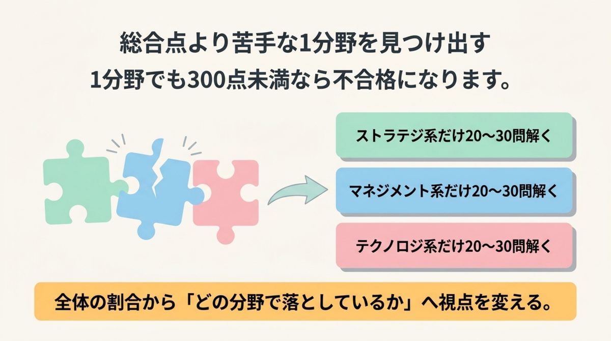 総合点より苦手な1分野を先に見つける ITパスポートは1分野でも300点未満だと不合格になるため分野を指定して20〜30問ずつ解くことを示した図解