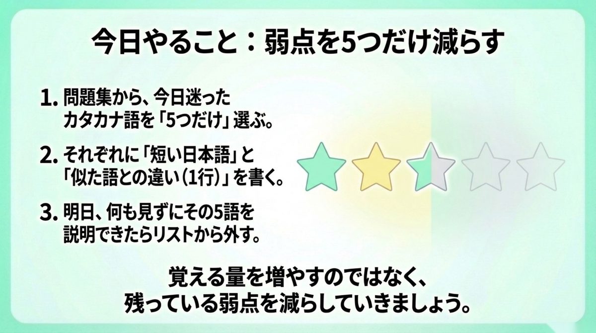 今日迷ったカタカナ語を5つだけ選んで弱点を減らす手順
