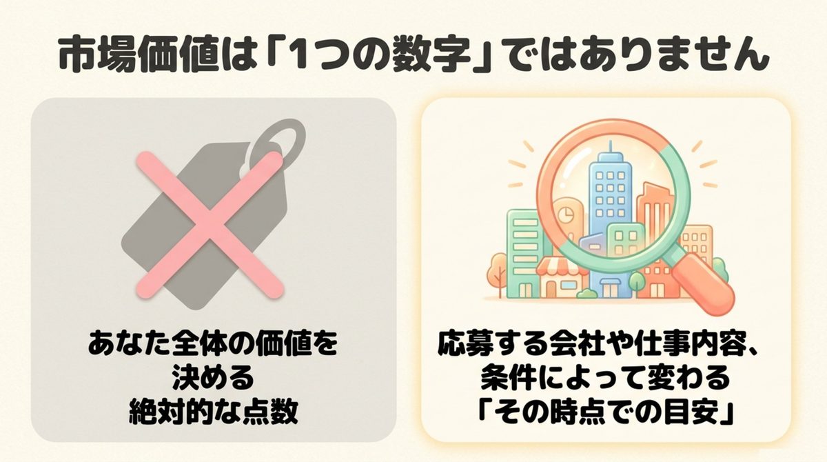 市場価値診断|市場価値は1つの数字ではない 絶対的な点数ではなく応募先や条件で変わる目安であることを対比した図