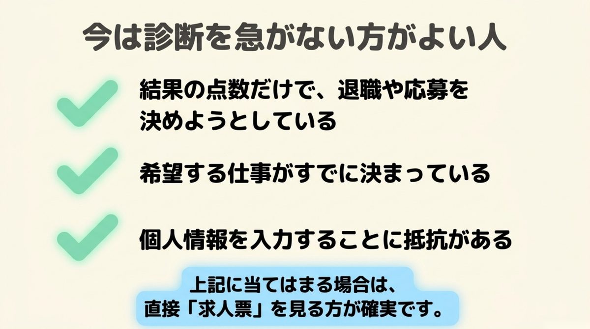 市場価値診断|今は急がない方がよい人 点数だけで退職を決めようとする人など診断を急がない方がよい条件