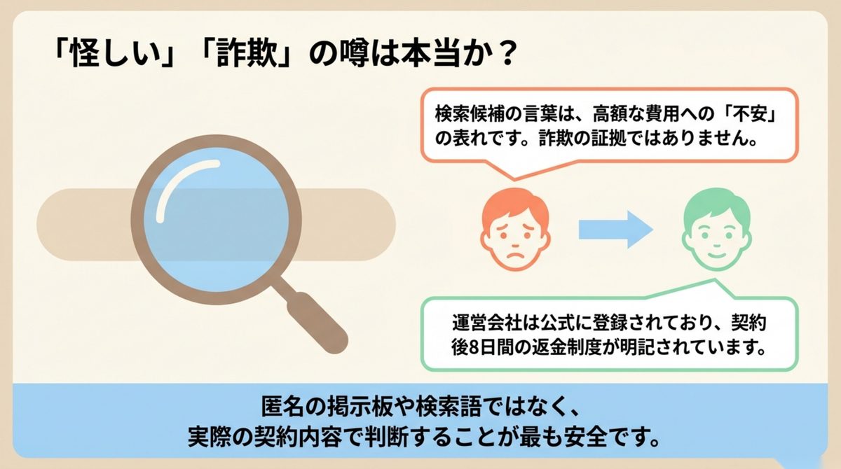 怪しい・詐欺という噂を検証|ライフシフトラボの評判は?口コミ・怪しい噂と体験談を検証 怪しい・詐欺という噂を検証を整理した図解
