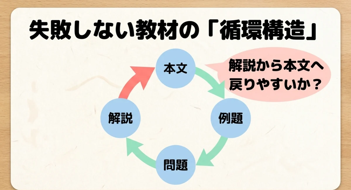 本文・例題・問題・解説を循環して使える資格教材の構造
