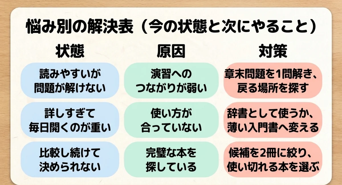 資格教材選びの悩み別に原因と対策を整理した表