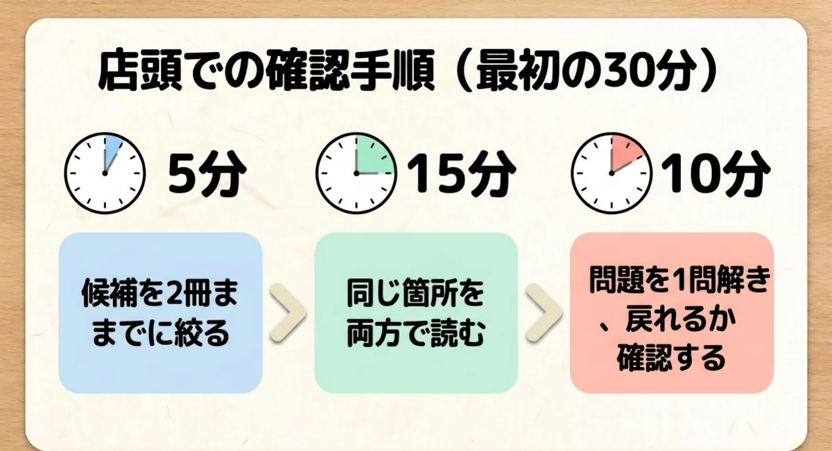 書店で30分で資格教材を比較する確認手順