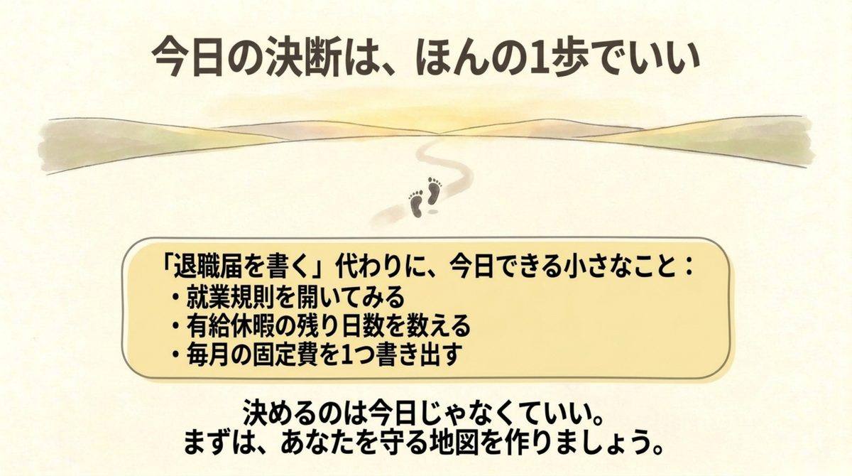 仕事を辞めたいけど次がない|今日できるのは1歩でいい 就業規則を開く有給を数える固定費を1つ書き出すという小さな一歩