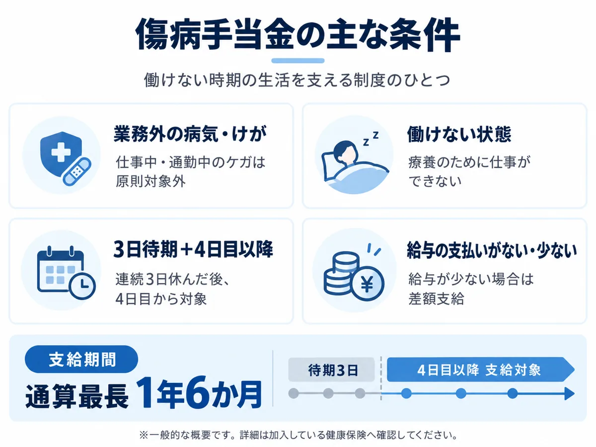 傷病手当金の主な条件と支給期間をまとめた図解
